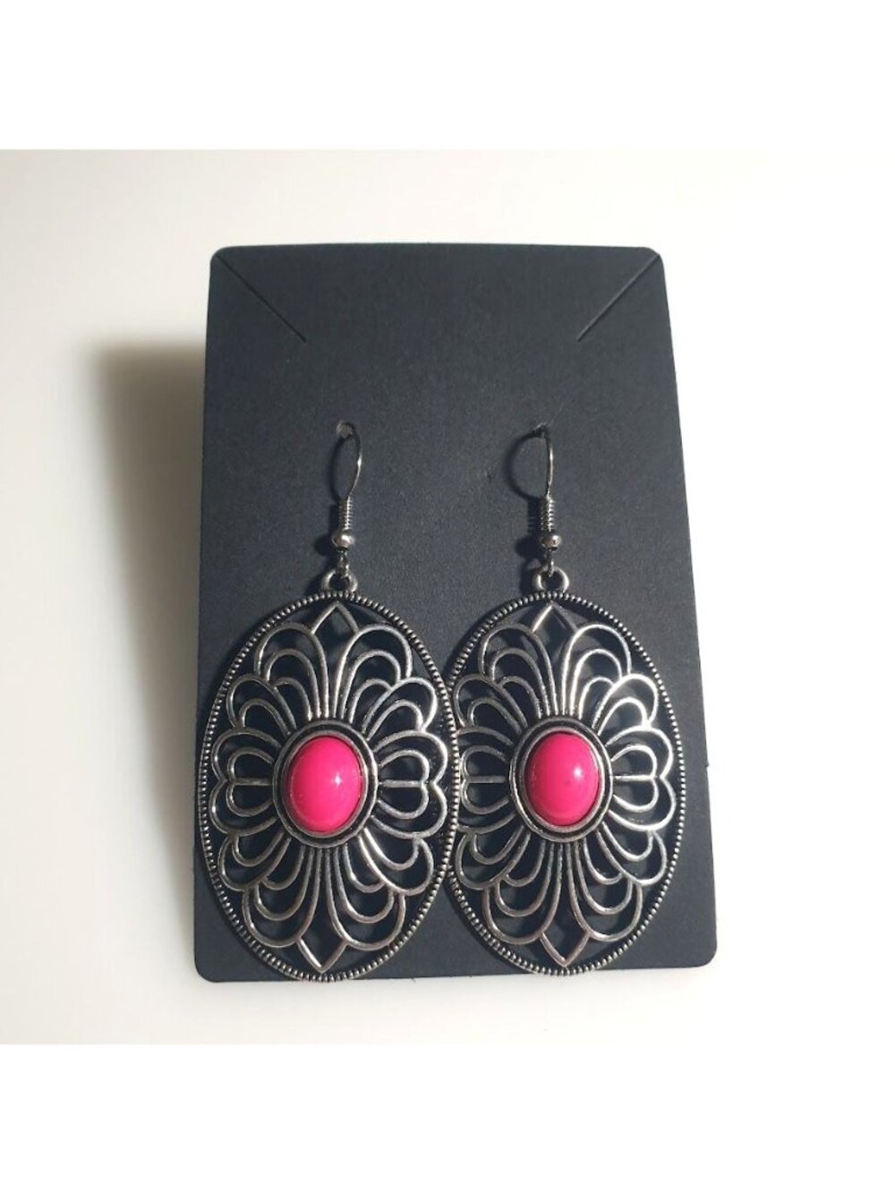 Oval Filigree Pink Cabochon Dangle Earrings Bohemian Lightweight Hooks Bali Core
